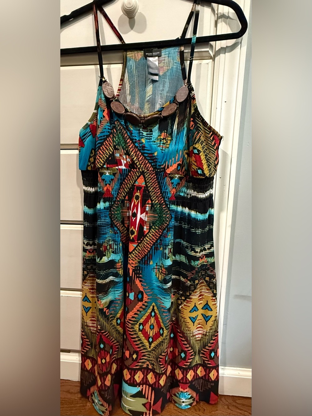 Bisou Bisou Multi-color Printed Spaghetti-Strap Dress with wood bead trim